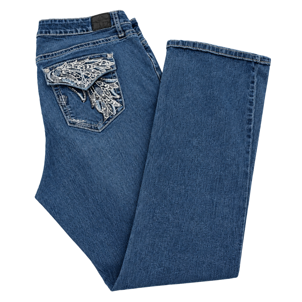 Love Indigo Jeans Size 18 Blue Denim Embellished Flap Pockets Bootcut 1
