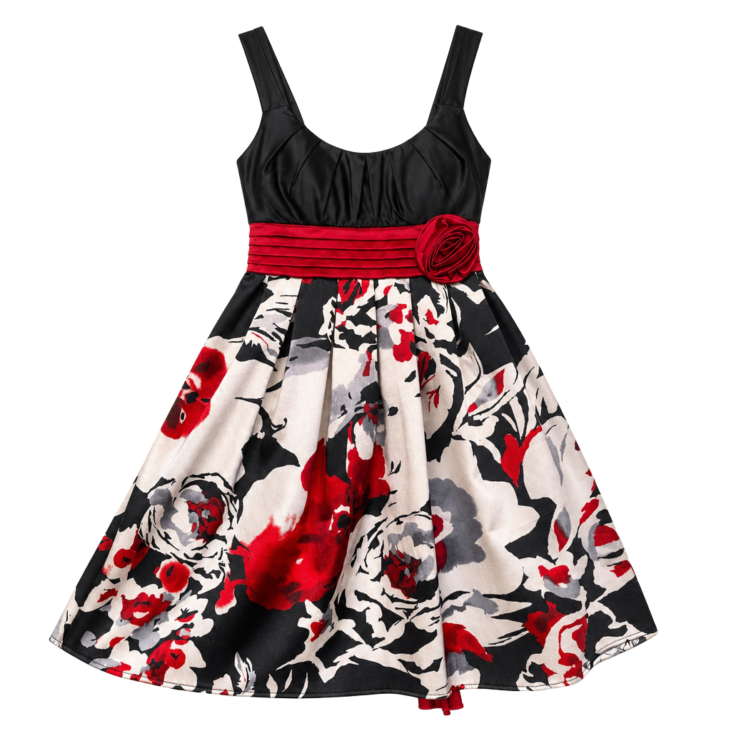 City Triangles Sleeveless Floral Print A-Line Formal Dress with Red Waist Sash and Rose Detail 1