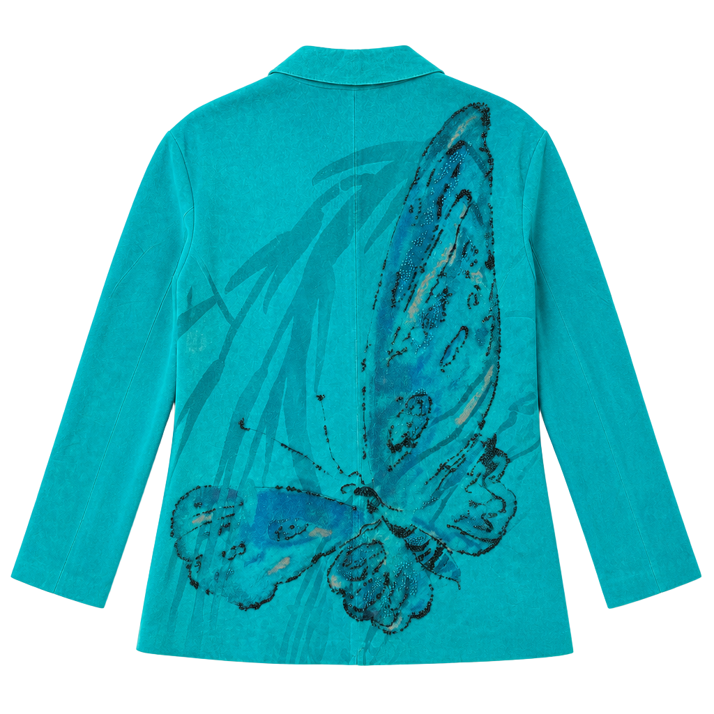 Vintage Chico's Design Teal Suede Leather Butterfly Art to Wear Jacket Size 2 1