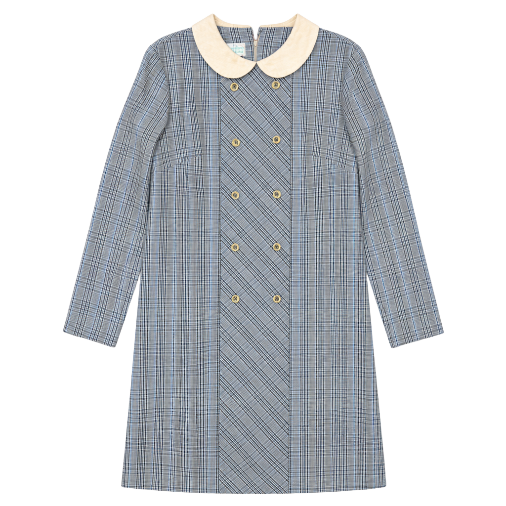 Vintage 1960s Ladybug Blue Plaid Double Breasted Mod Shift Dress with Peter Pan Collar 1