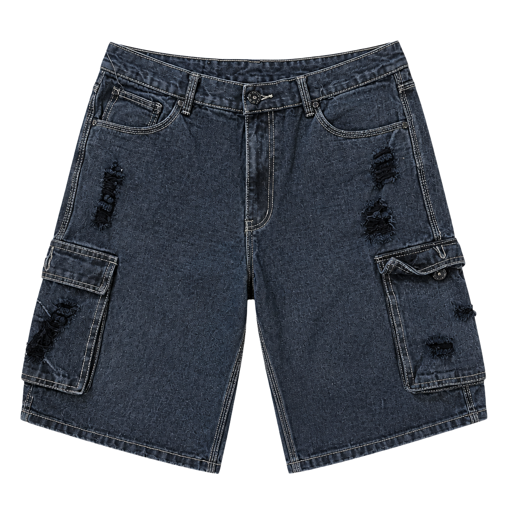 F.U.S.A.I. Distressed Black Denim Cargo Jorts 1