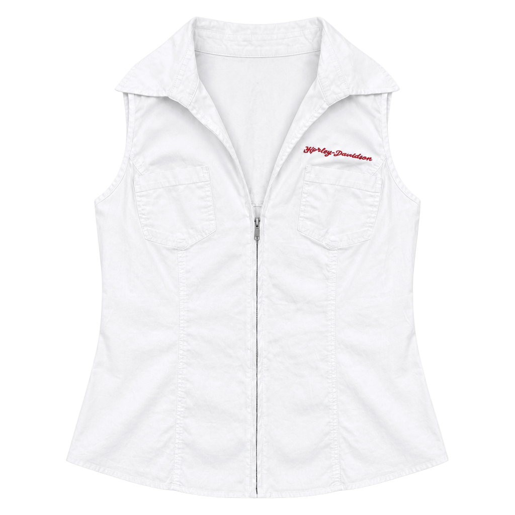 Harley-Davidson Women's vintage USA made White Sleeveless Zip-Up Graphic Shirt Size L 1