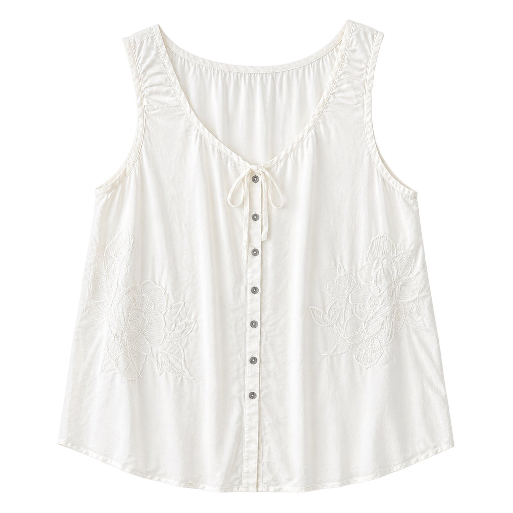Da-Nang y2k Vintage 100% Silk Embroidered Floral beaded Button-Down white Tank Top 1