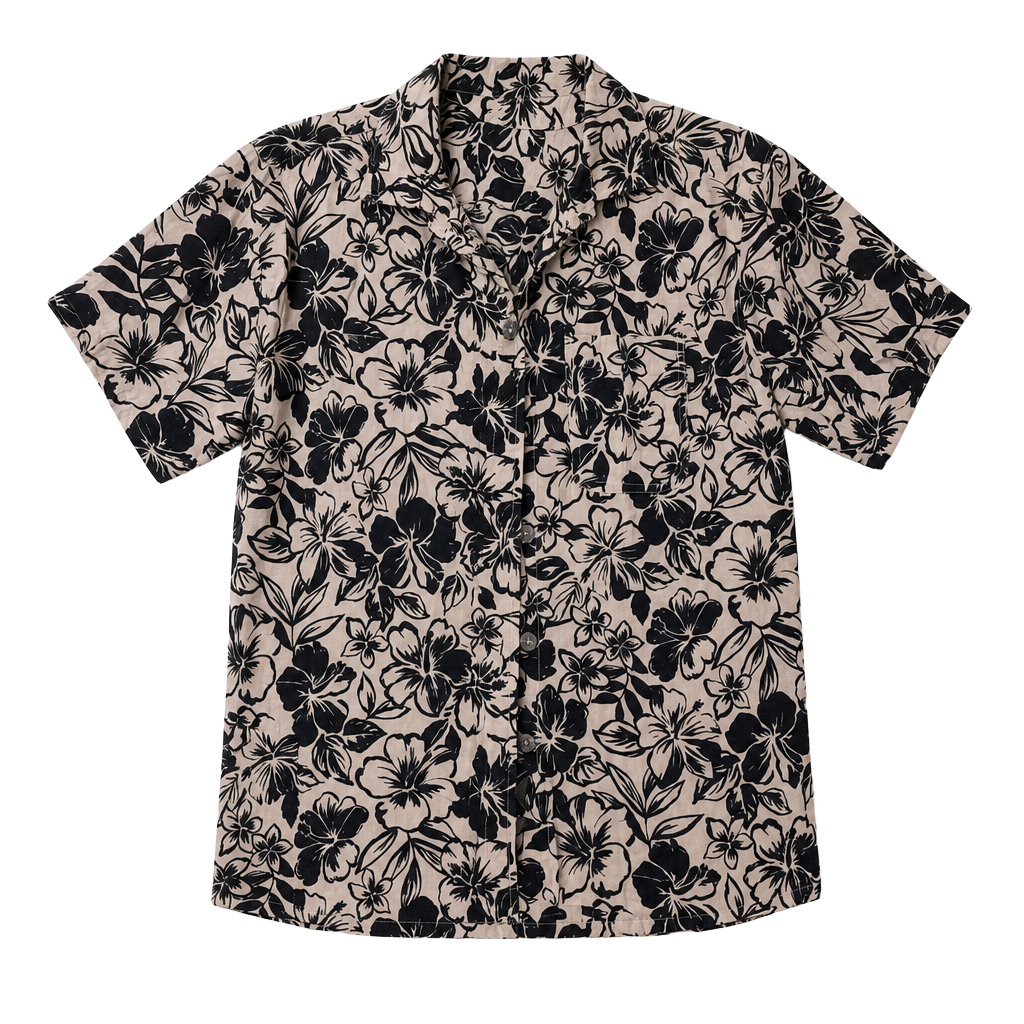 American Eagle Men's Black and Tan Floral Print Short Sleeve Button-Up Camp Shirt 1