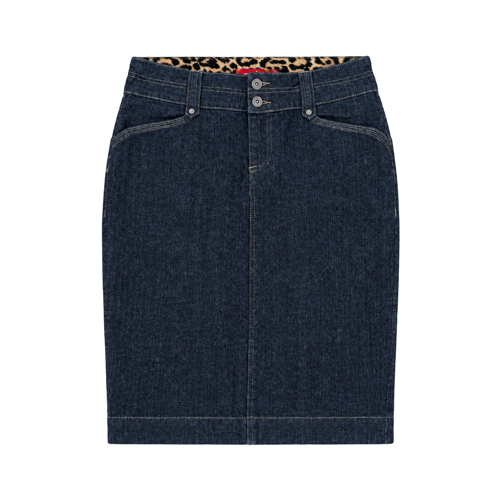One 5 One Denim Skirt Size M Dark Wash Leopard Waistband 1
