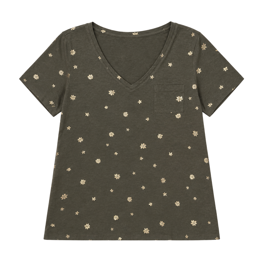 Lane Bryant V-Neck T-Shirt Size 18/20 Olive Green Gold Foil Floral Pocket 1