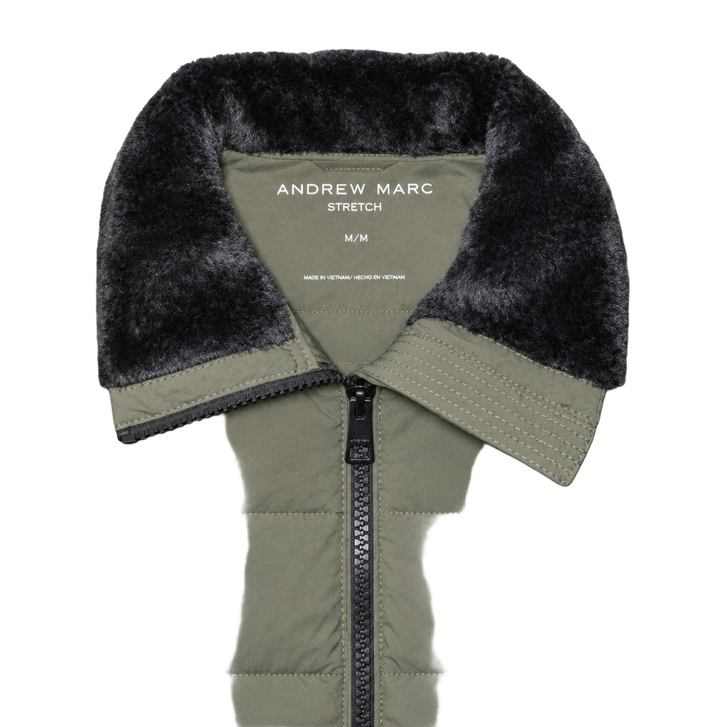 Andrew Marc Stretch Puffer Jacket Size M Green Faux Fur Collar 1