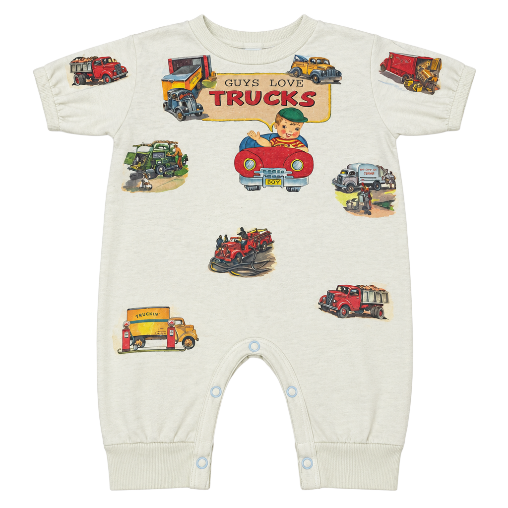 she's the one Guys Love Trucks Romper Size M Retro Vehicles Print 1