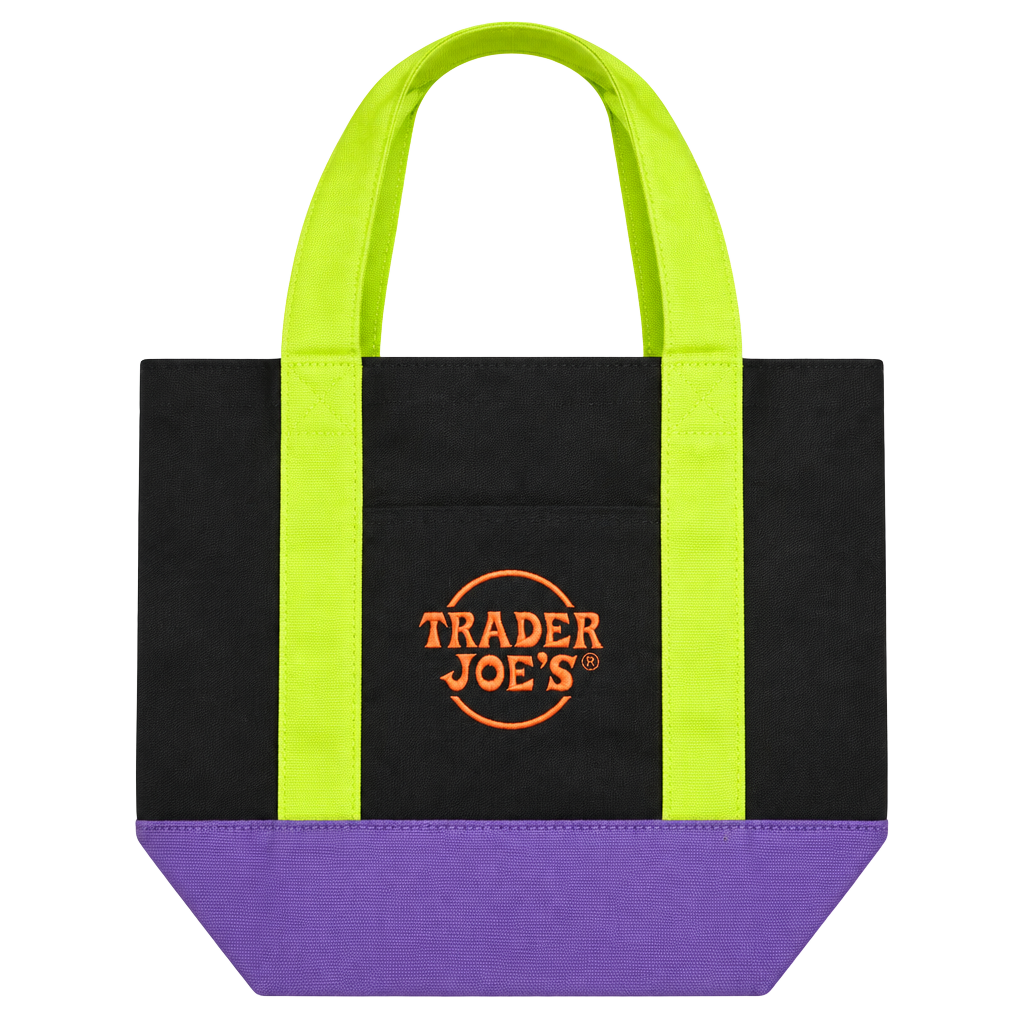 Trader Joe's Trick-or-Treat Canvas Tote Bag Black Neon Green Purple 1