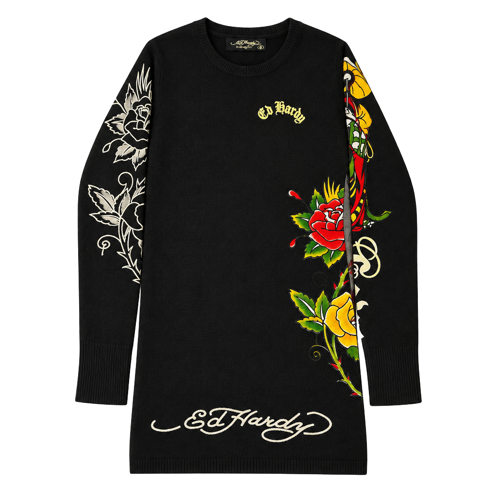Y2K Ed Hardy Long Sleeve Knit Dress Size Small Black Tattoo Graphic Print Grunge 1