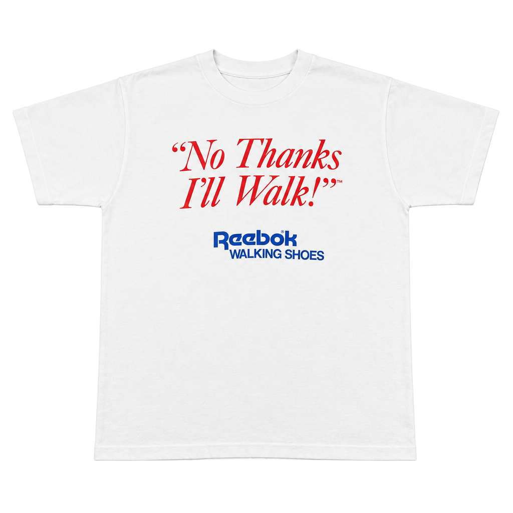 Vintage Reebok “No Thanks I'll Walk” T-Shirt Size XL White Walking Shoes Graphic 1
