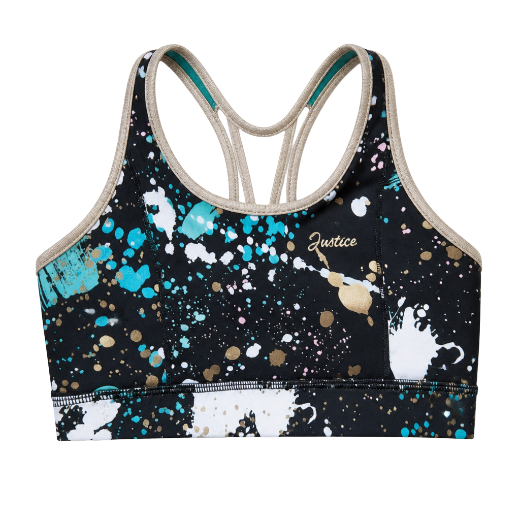 Justice Metallic Reversible FOIL Athletic Sports Bra (XL 16/18) Black Splatter Print 1