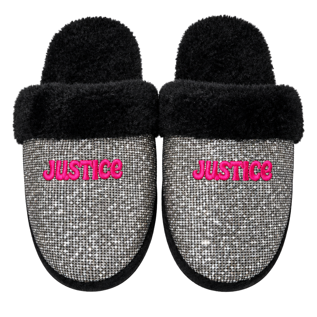 Justice Scuff Slippers Size 6 Black Silver Glitter Pink Logo Faux Fur 1