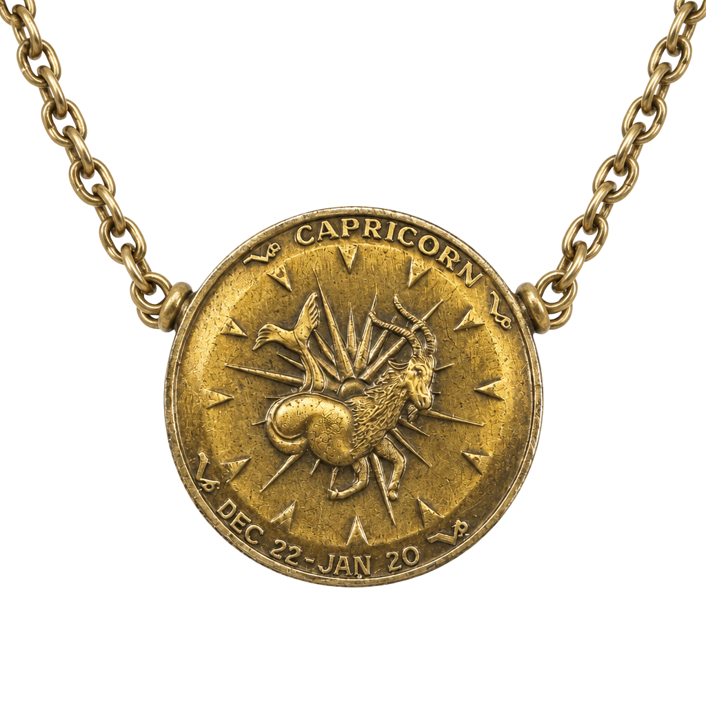 Vintage Capricorn Zodiac Pendant Necklace Brass Coin Charm 24" Chain 1