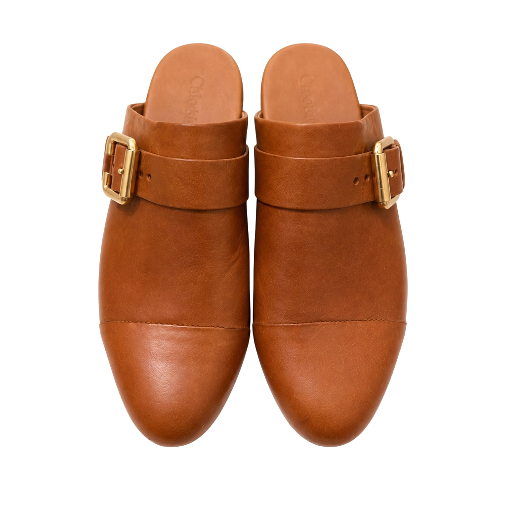 Chloe Leather Buckle Mules Slides Tan Brown 1