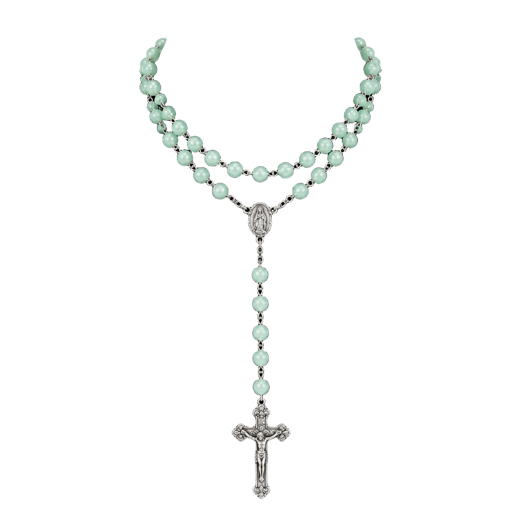 Italy Rosary Necklace Green Beaded Silver-Tone Crucifix 1