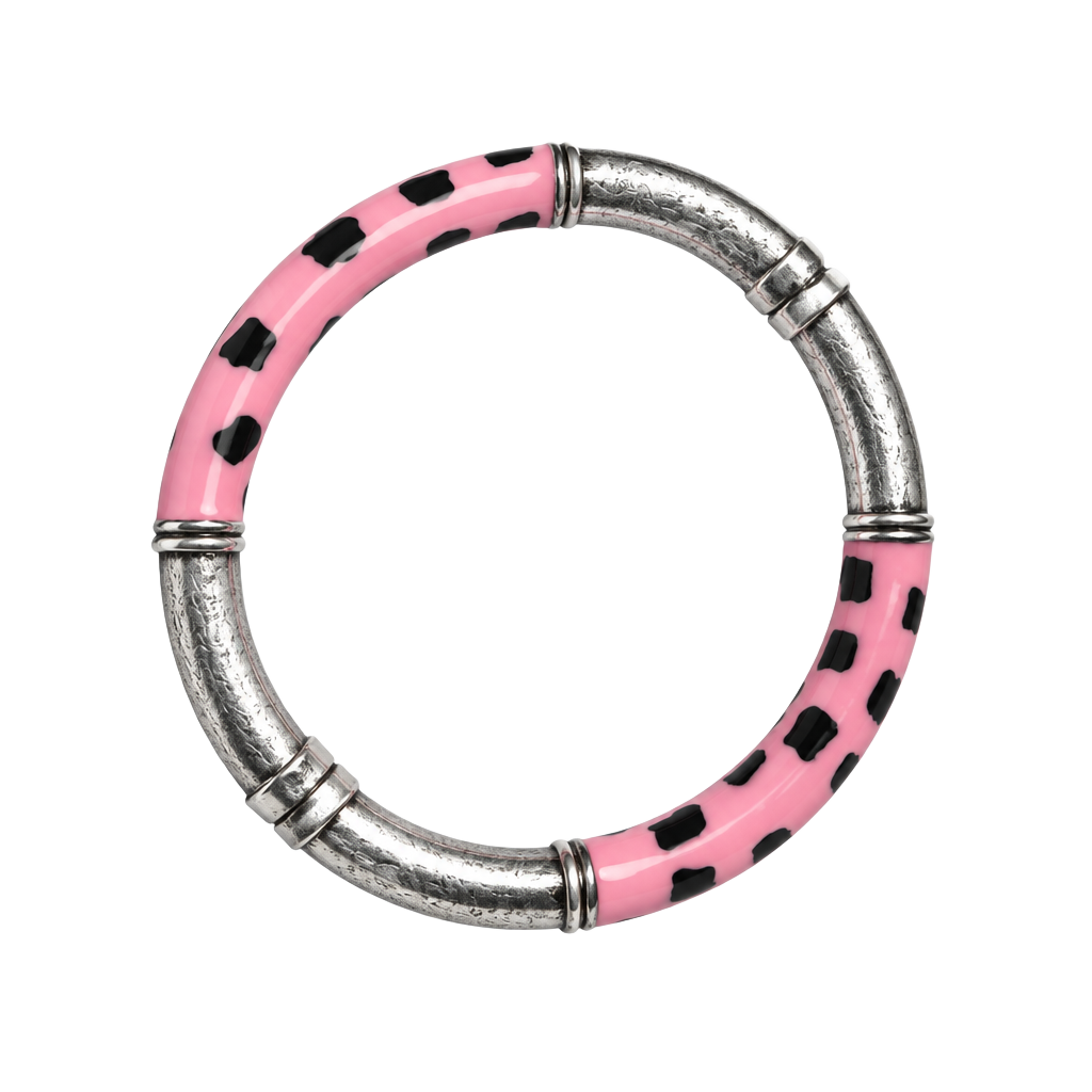 Milor Sterling Silver Pink Black Enamel Animal Print Bangle Bracelet 1
