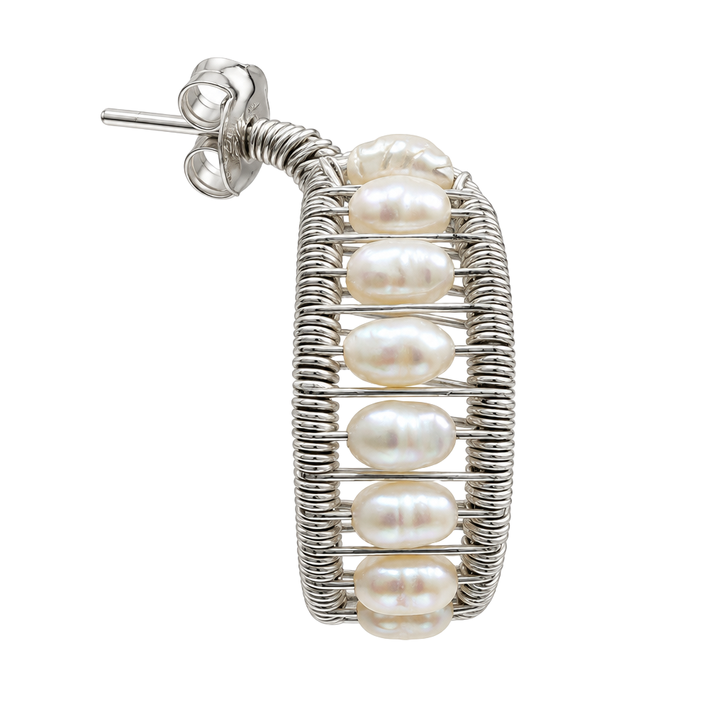 Sterling Silver Modernist Biwa Pearl Wire Wrapped Clip Earrings 1