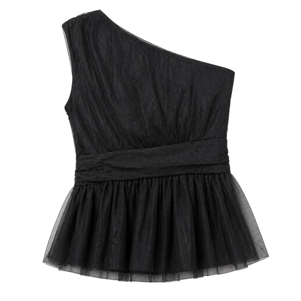 Kate Kasin Black One Shoulder Tulle Peplum Top Size L New with Tags 1