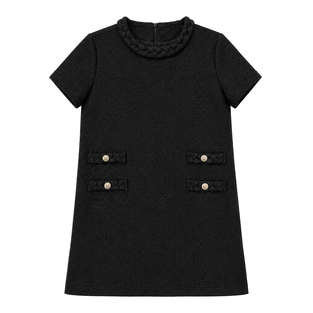 Womens Tweed Dress Elegant Crew Neck Short Sleeve Button Mini Dress 1