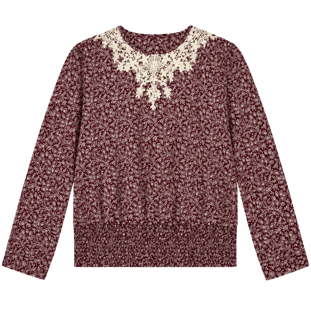 Andrea Gayle Floral Blouse Size 8 Burgundy Cream Lace Collar 1
