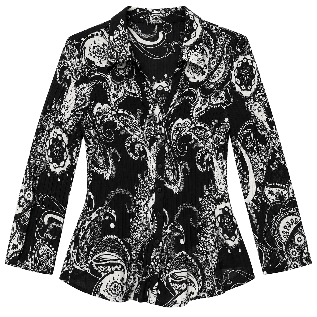 Black White Paisley Print Button Front Blouse Boho Y2K Flowy Tunic Size M 1