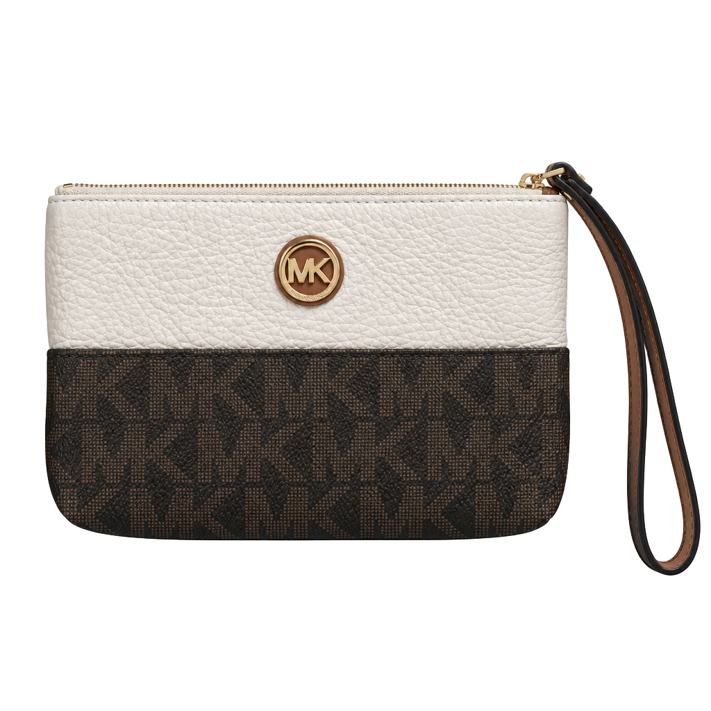 Michael Kors Signature Logo Brown White Leather Wristlet Clutch 1