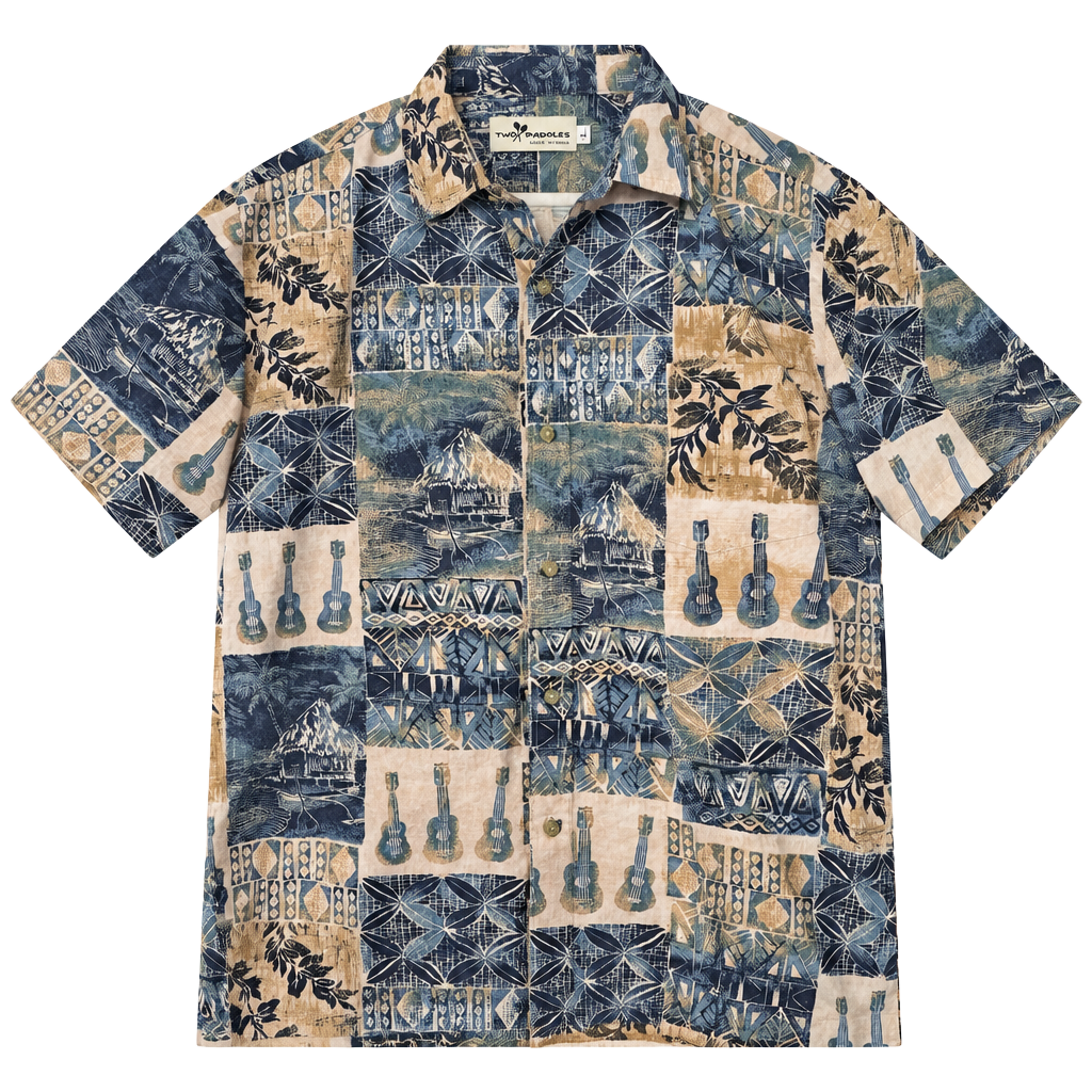 Hawaiian Aloha Shirt Tiki Ukulele Tropical Island Resort Coastal Size L 1
