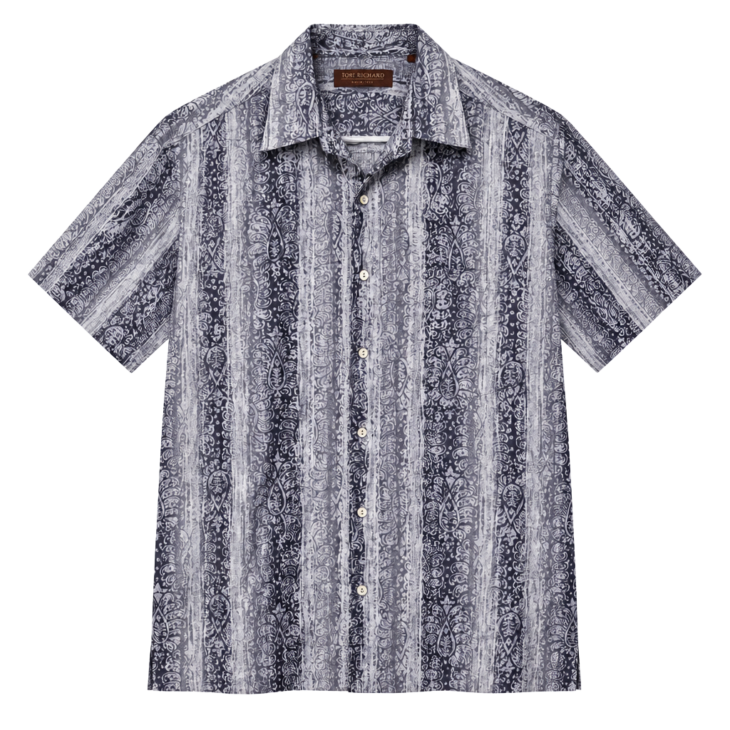Paisley Print Hawaiian Aloha Shirt Gray Purple Coastal Resort Men's Size M 1