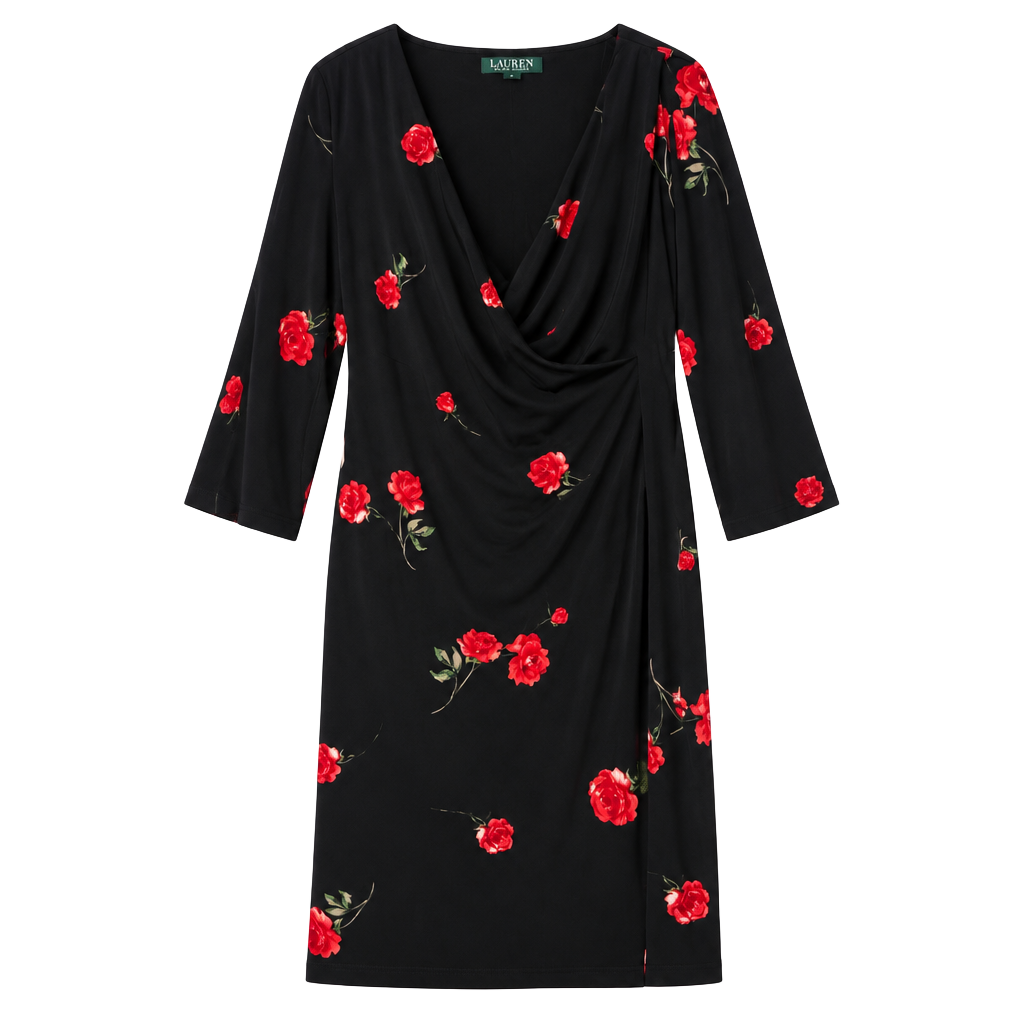 Lauren Ralph Lauren Black Red Rose Floral Wrap Dress Bell Sleeve NWT Size 6 1