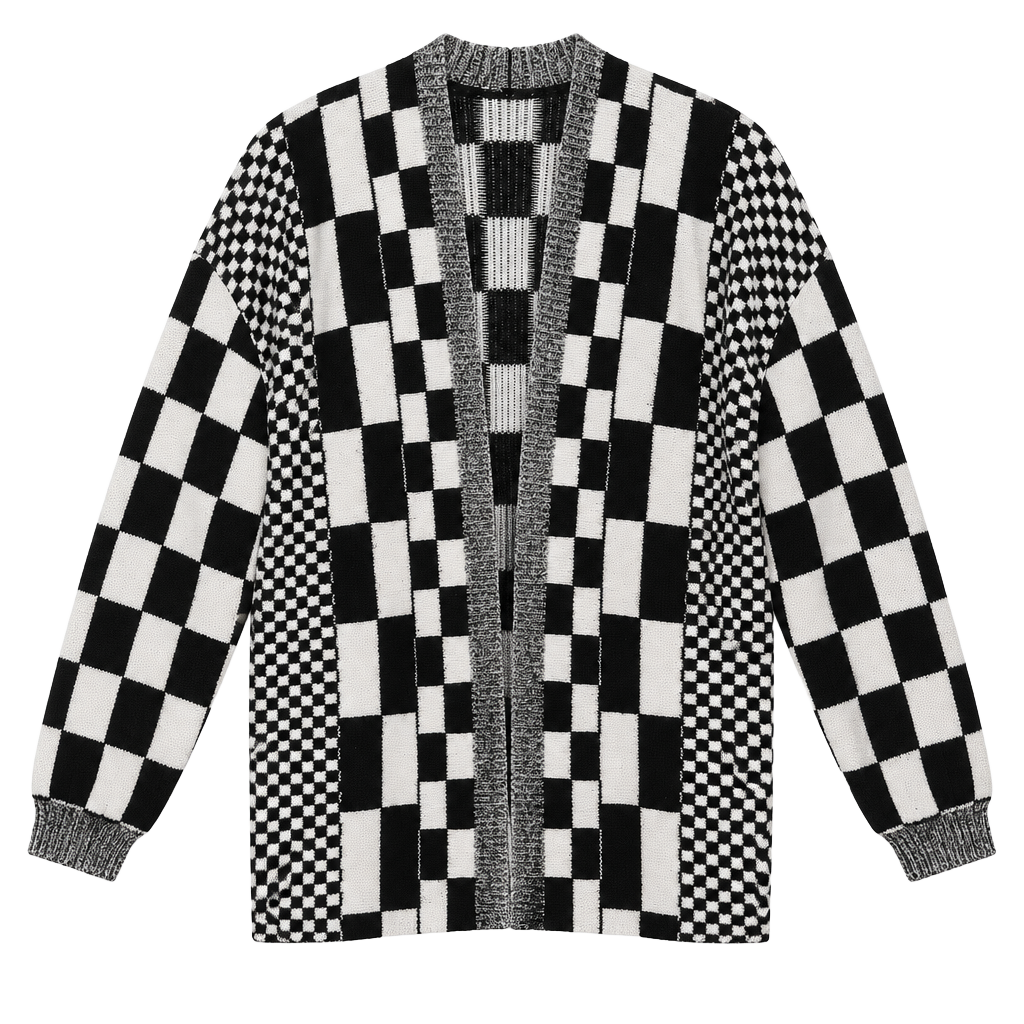 Black White Checkered Open Front Cardigan Y2K Indie Streetwear Size S 1