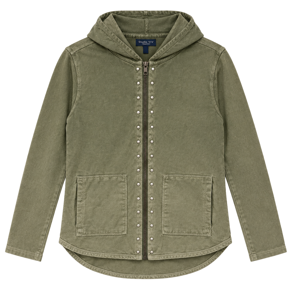 Olive Green Ombre Studded Zip Up Hoodie Boho Grunge Y2K Streetwear Size S 1