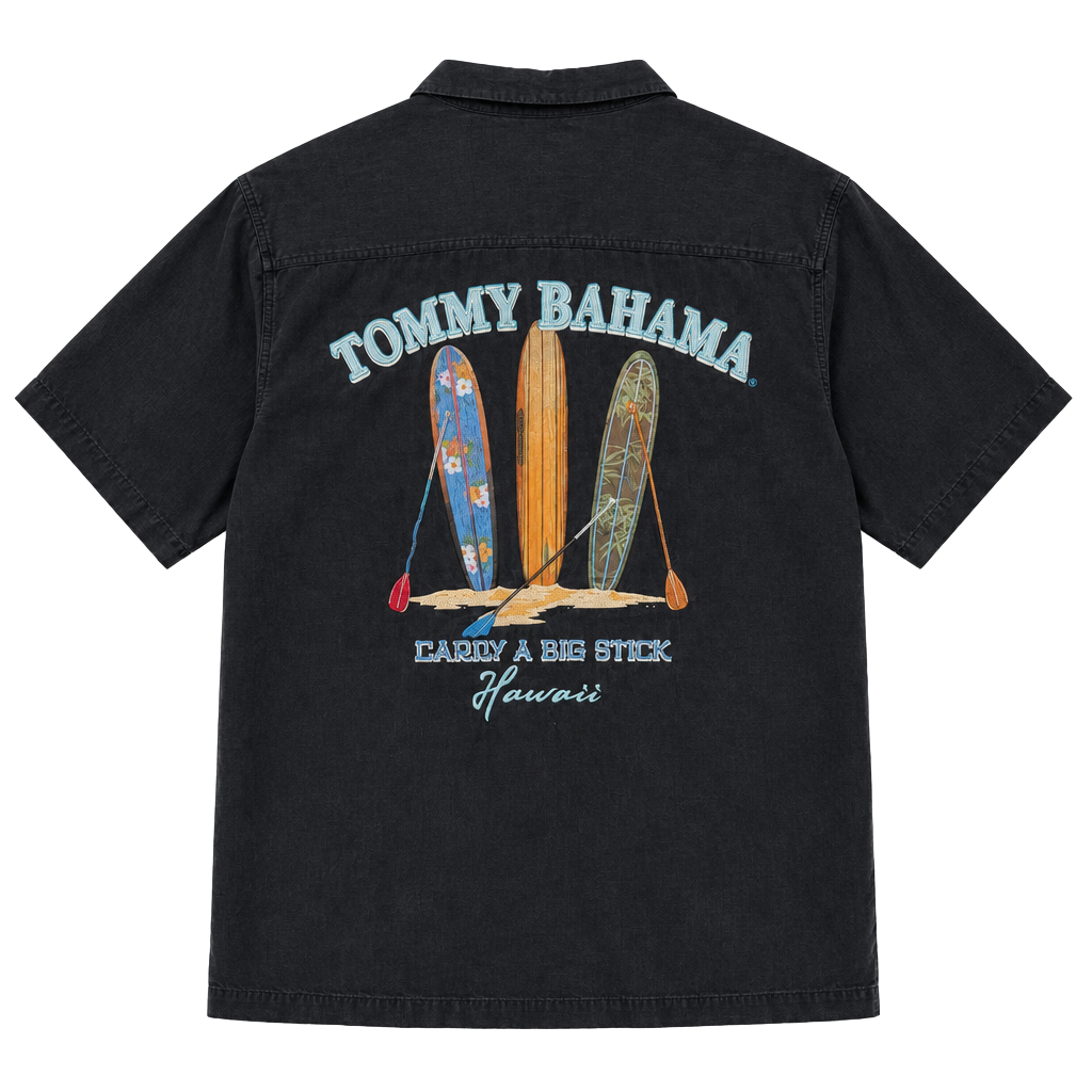 Tommy Bahama Carry A Big Stick Hawaii Surf Silk Camp Shirt Black Size L 1