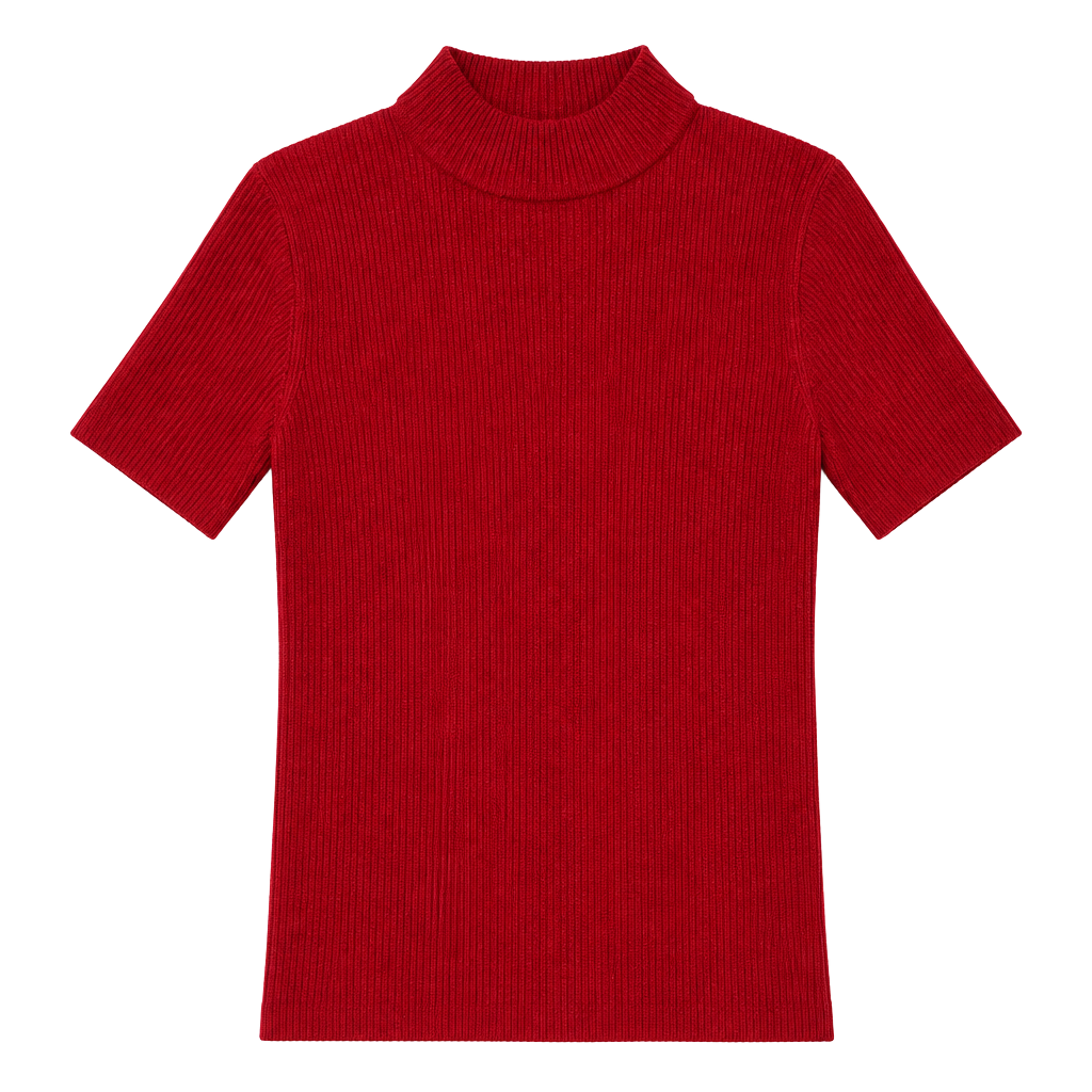 Red Ribbed Mock Neck Short Sleeve Sweater Top Minimalist Preppy Size M 1