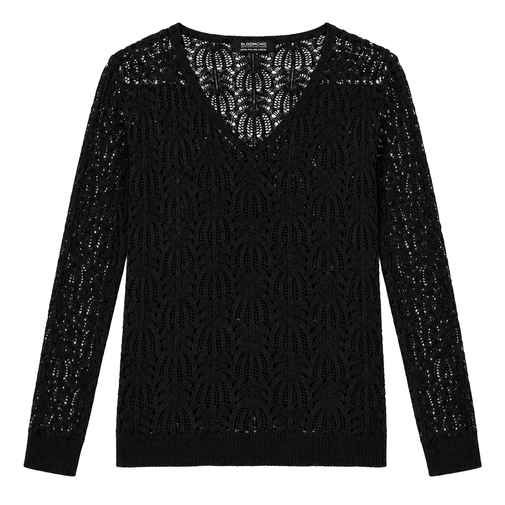 Black Open Knit Crochet Sweater V Neck Boho Coastal Layering Top Size 14-16 1