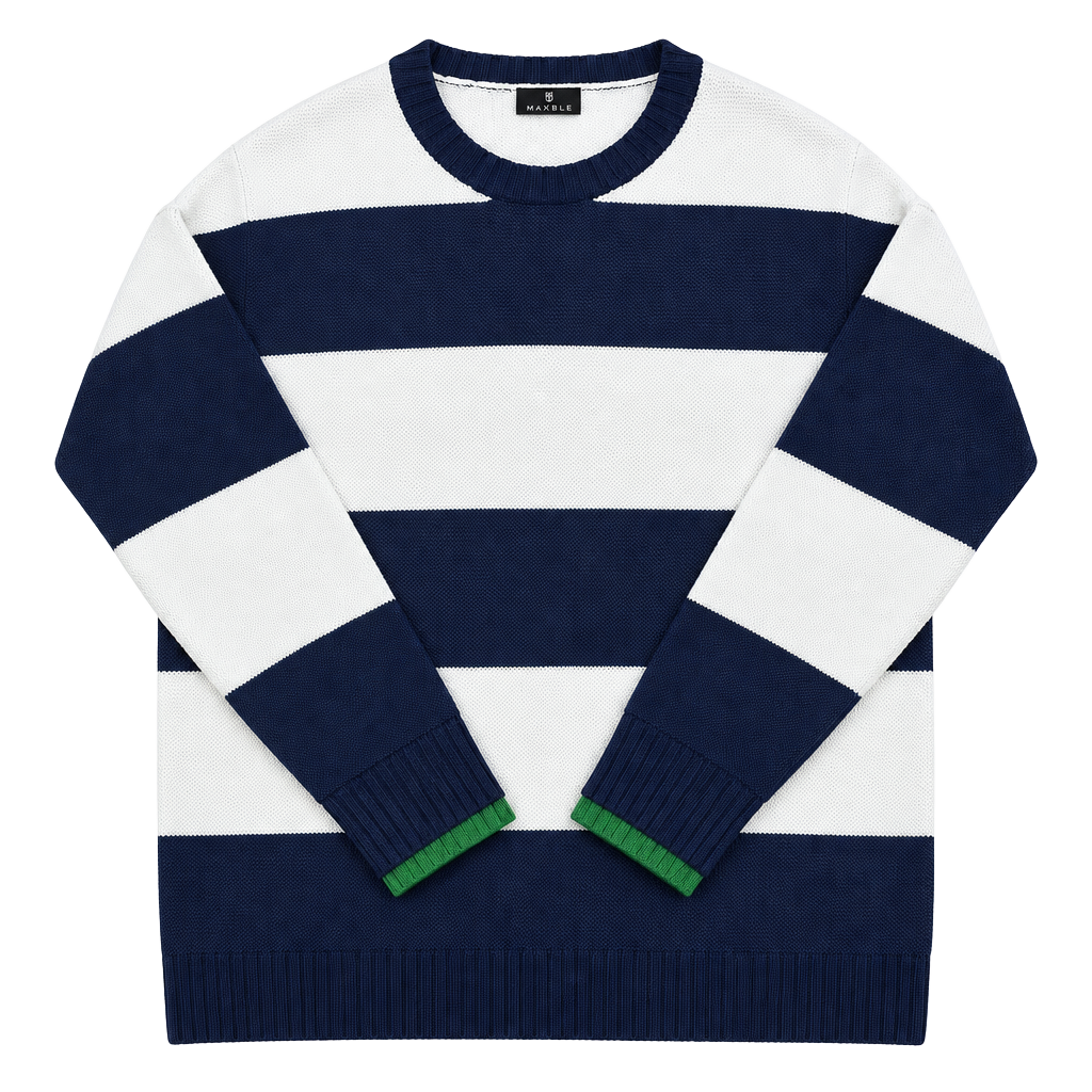 Marble Striped Sweater Size M Blue White Green Cotton Knit Crewneck 1