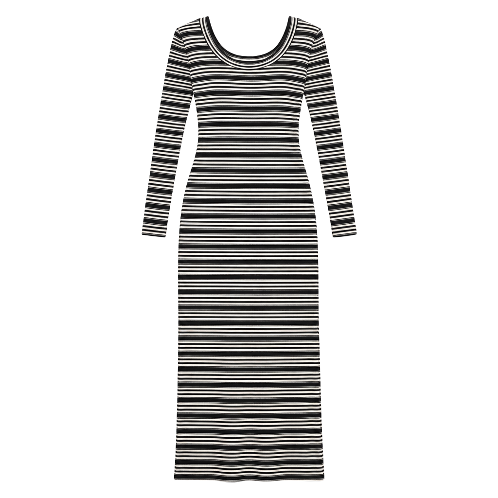 Banana Republic Striped Midi Dress Size L Black White Ribbed Long Sleeve 1