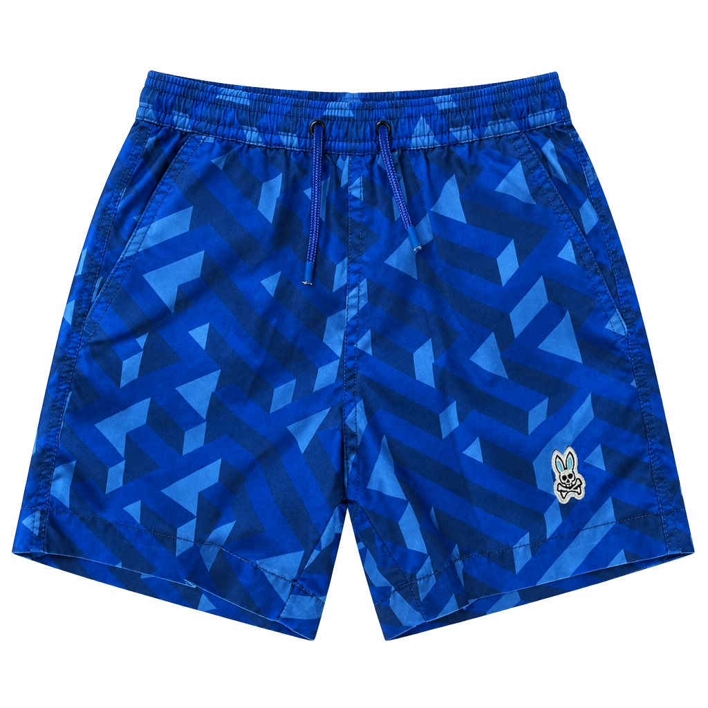 Psycho Bunny Boys Size 5-6 XS Blue Geometric Swim Trunks Mesh Lined 1