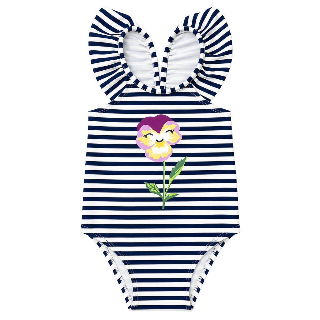 Size 6-12 months babyGap Baby Girls Navy and White Striped Ruffle Swimsuit 1