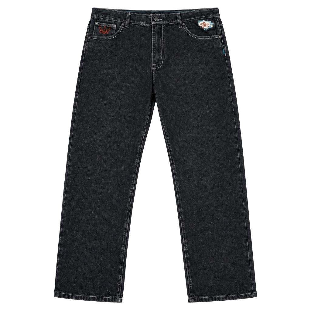Y2K Jinzu Denim Jeans Straight Leg Black Embroidered Embellished 1