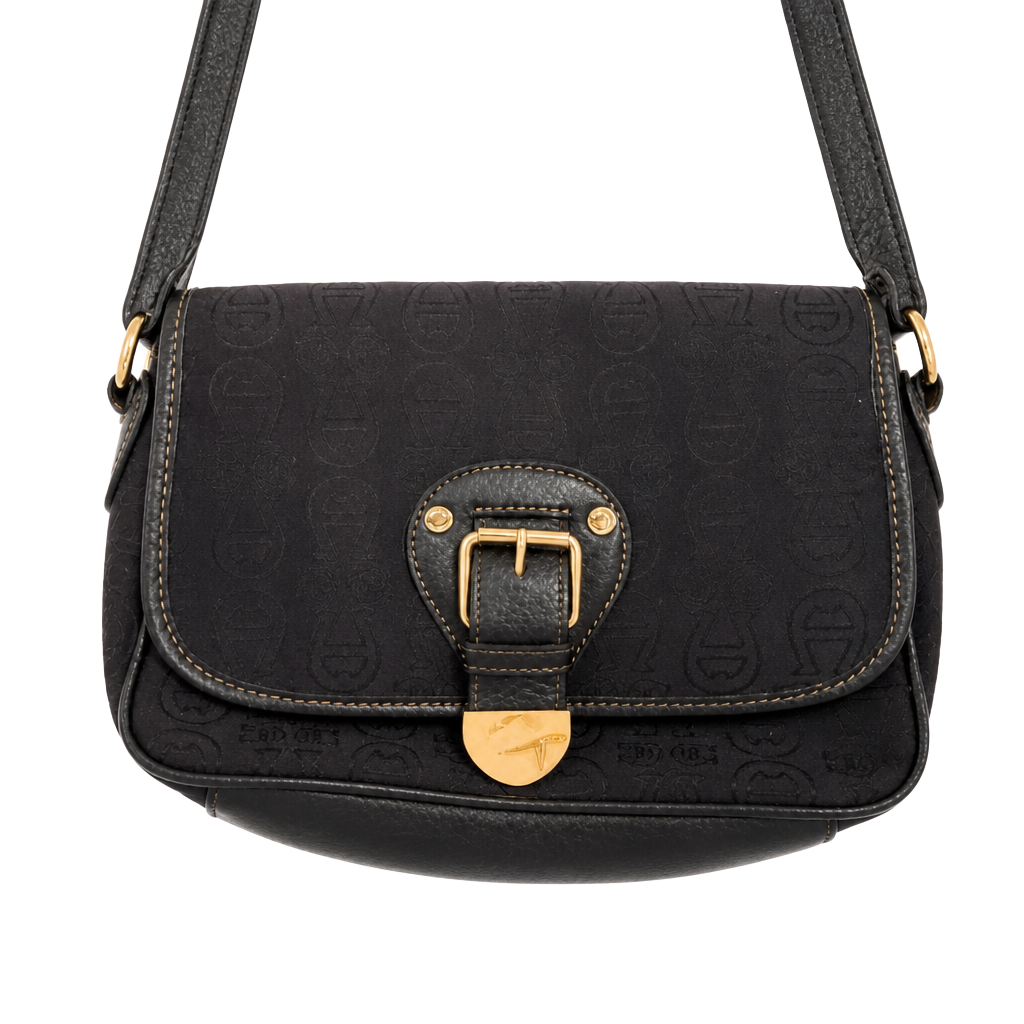 Etienne Aigner Black Monogram Logo Print Fabric and Leather Flap Shoulder Crossbody Bag 1