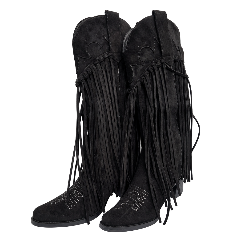 Fringe Women's Cowgirl Boots. Pointed Toe Embroidery Fringe Detail Mid Calf Boots. 1