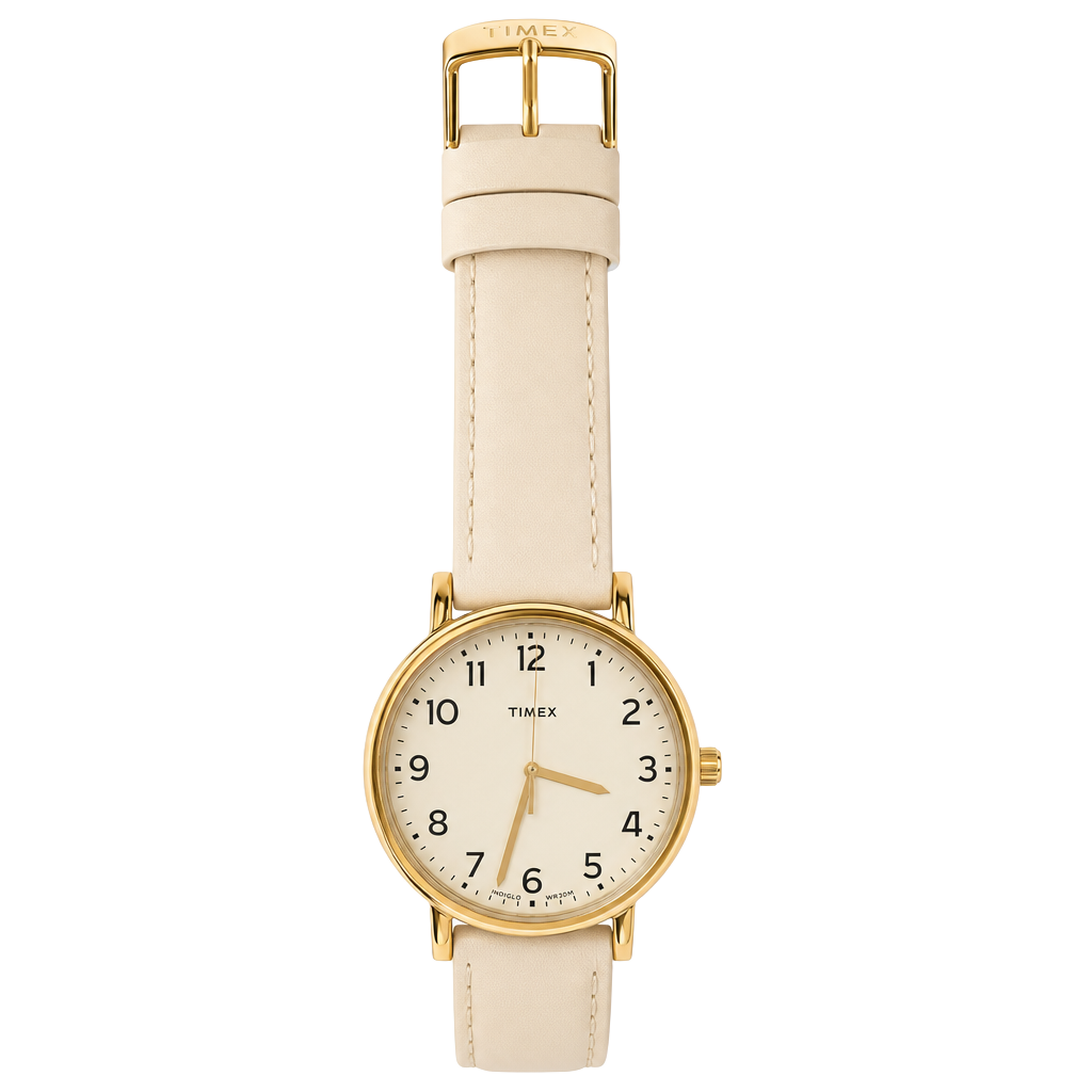Timex Easy Reader Gold Tone Case White Leather Strap Watch 1