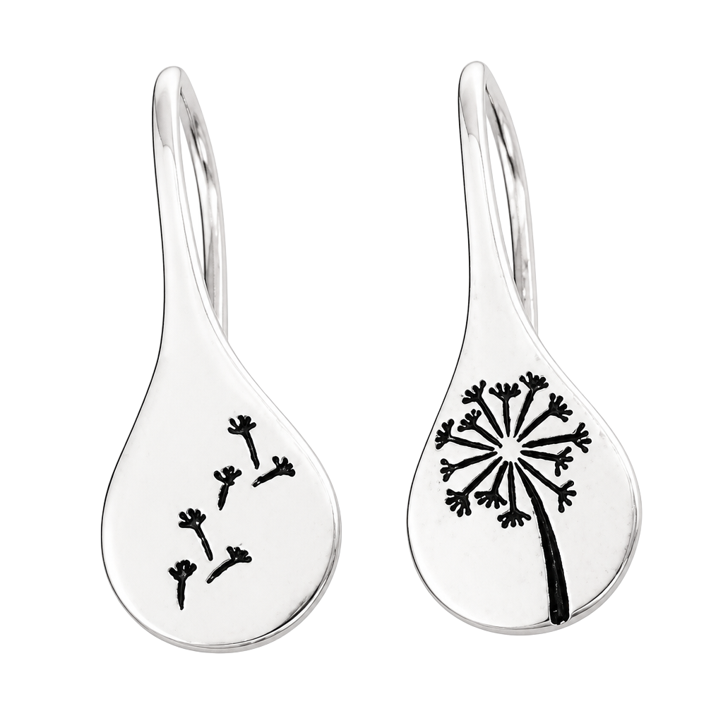 Fine Silver Plated Dandelion Design Teardrop Hook Earrings 1