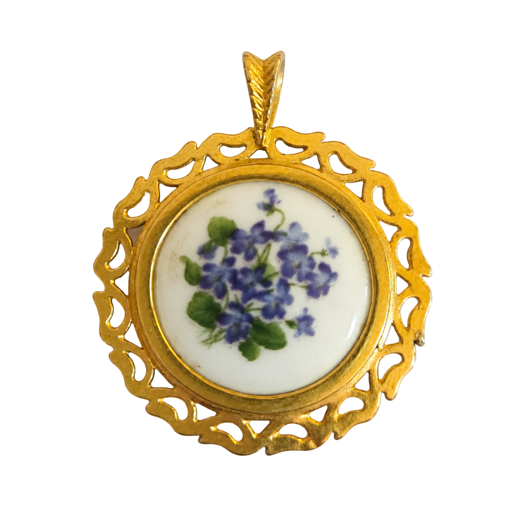 Vintage Hammersley English Porcelain Violets 24kt Gold Plated Floral Pendant 1