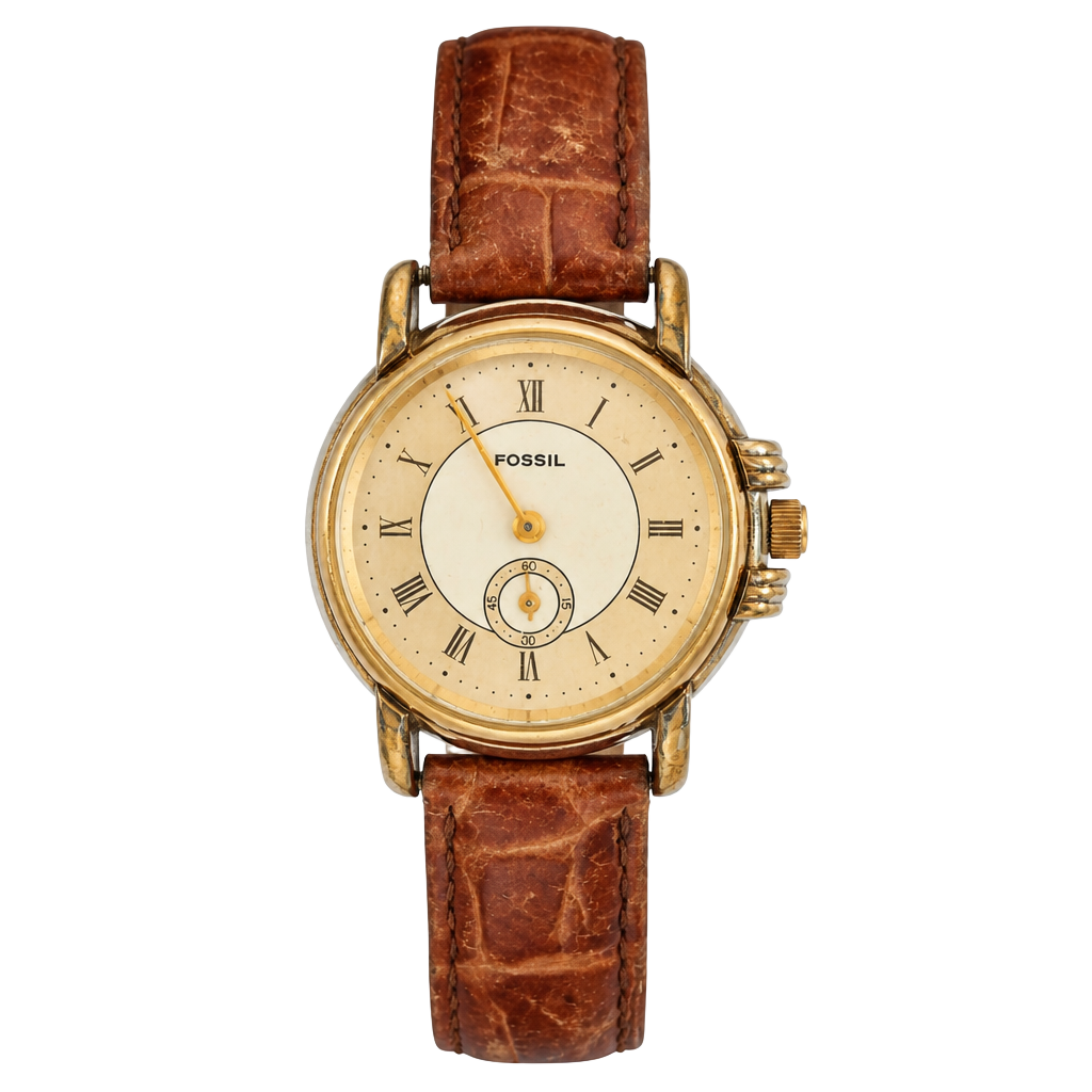 Vintage Fossil Women's Quartz Wristwatch with Brown Leather Strap and Sub-Second Dial 1