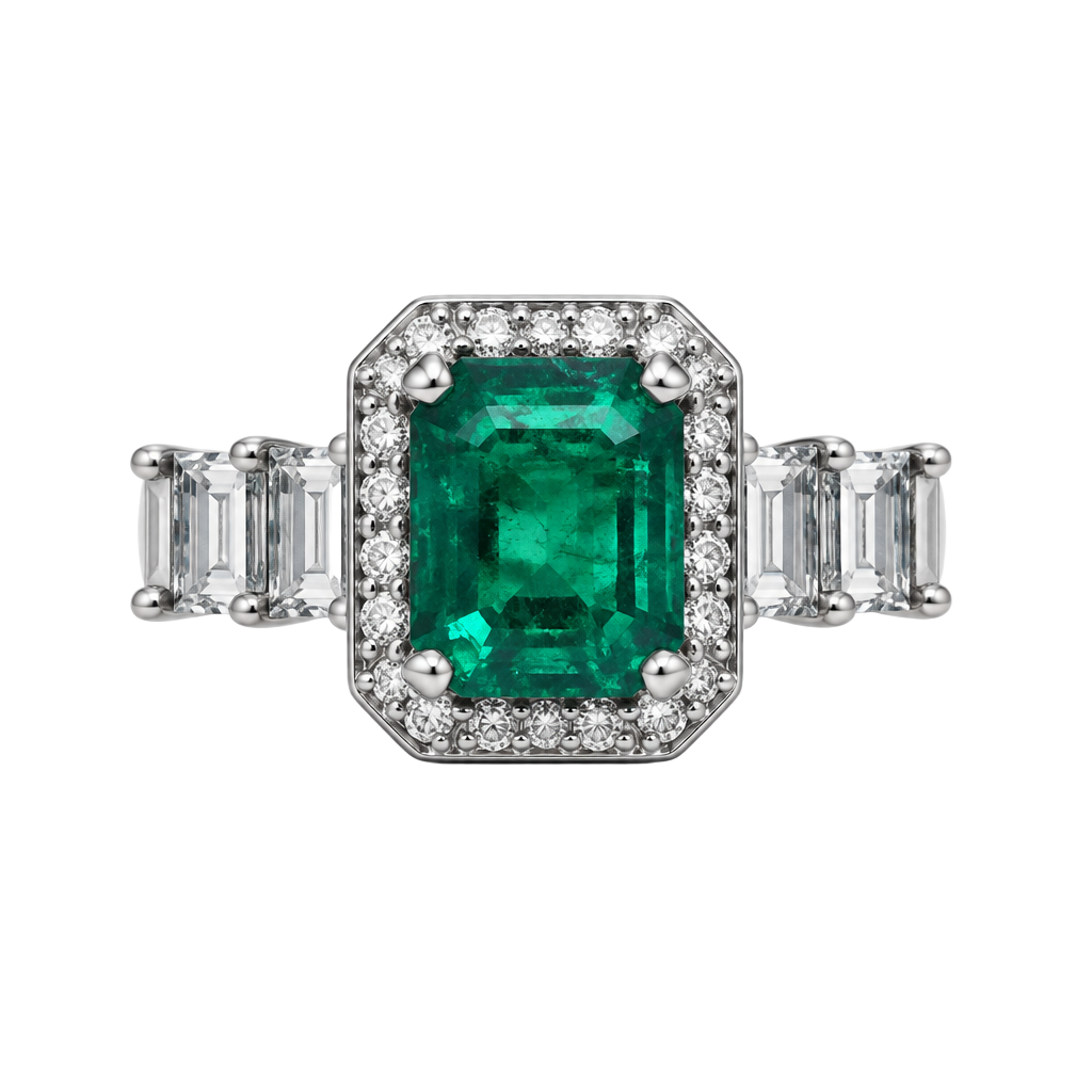 Emerald stone Rodium plated ring sz 8 1