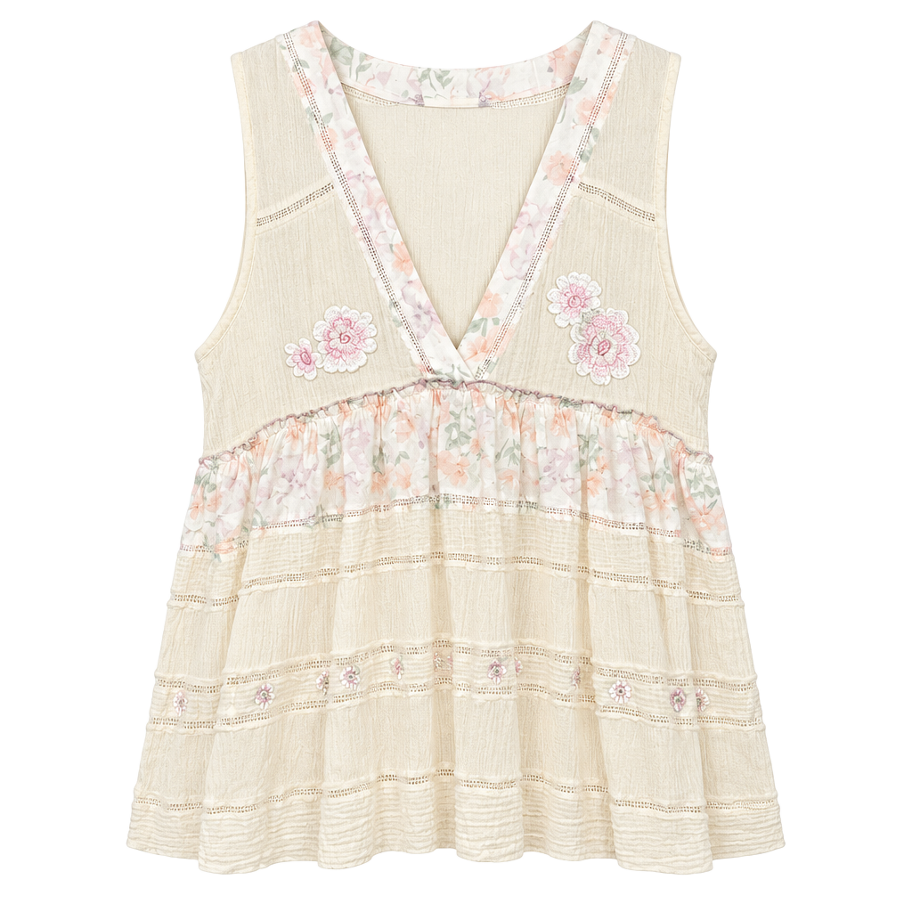 POL Floral Embroidered Gauze Tank Top Size L Cream Boho V-Neck 1