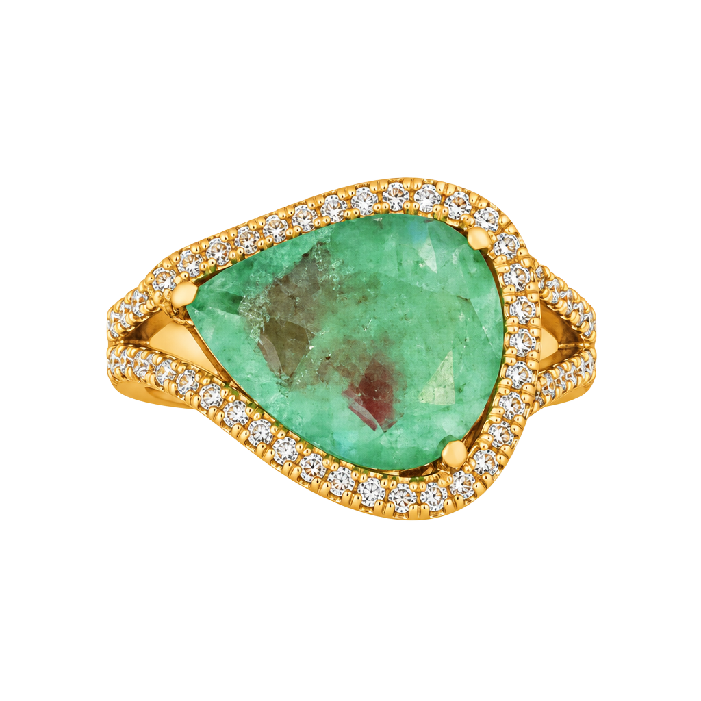 Bomb Party Ring Size 9 Gold Green Stone Pear Halo 1