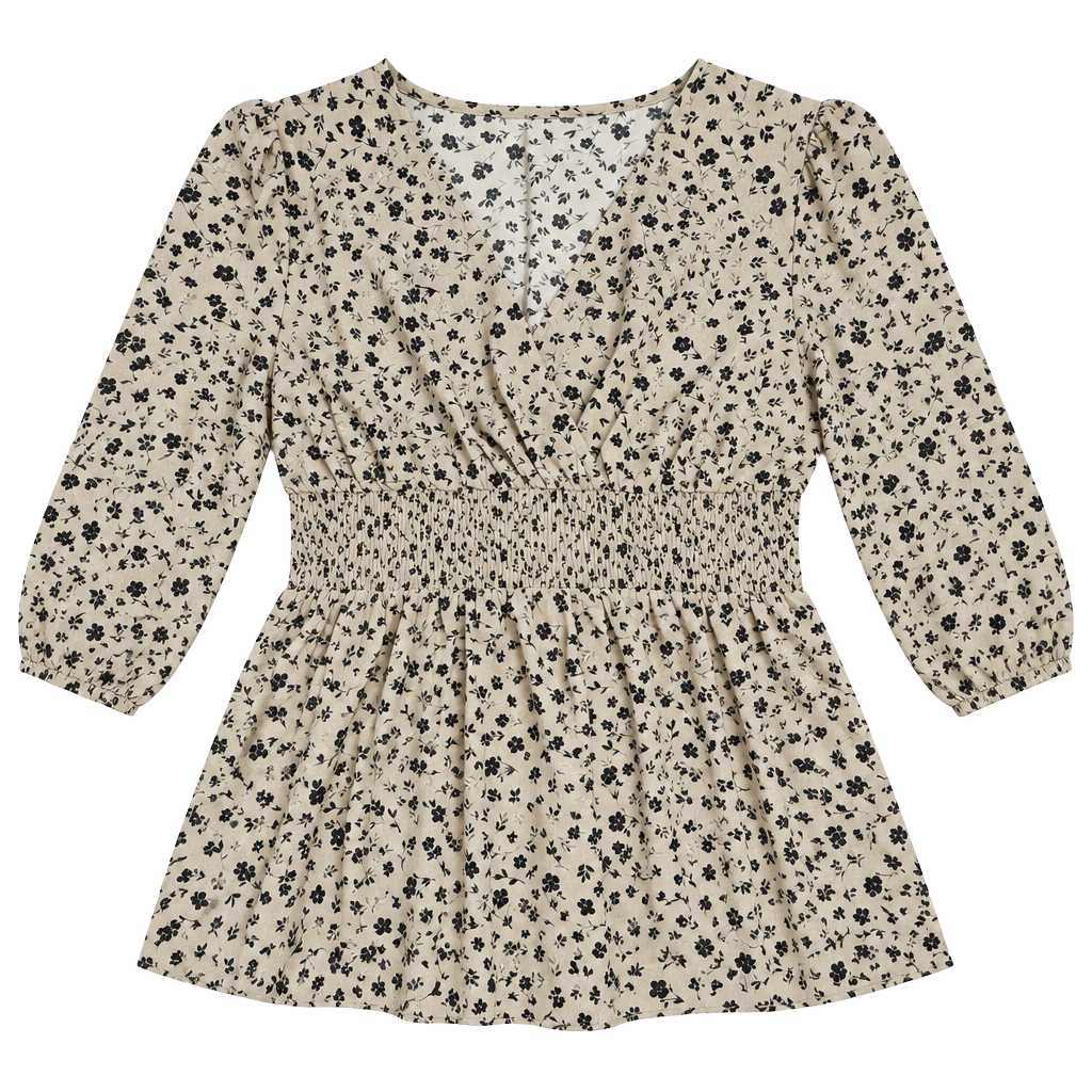 Womens Beige Black Floral Smocked Waist Peplum Blouse Puff Sleeve 1